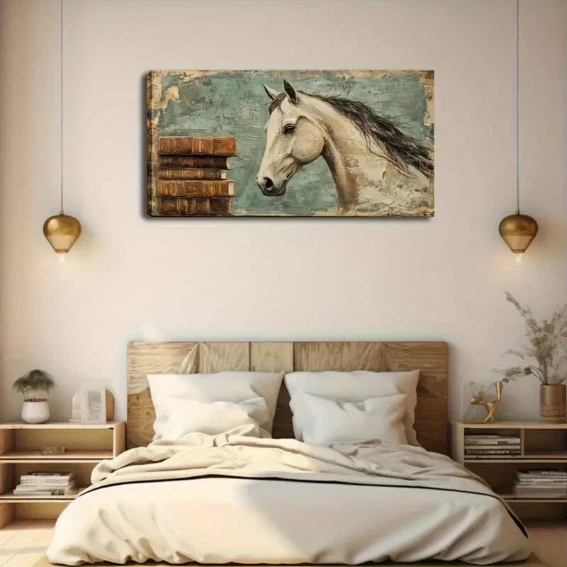 Elegant Horse with Books Teal Wall Art Canvas Office Home Room Framed 120x60cm - Bella Home Decor
