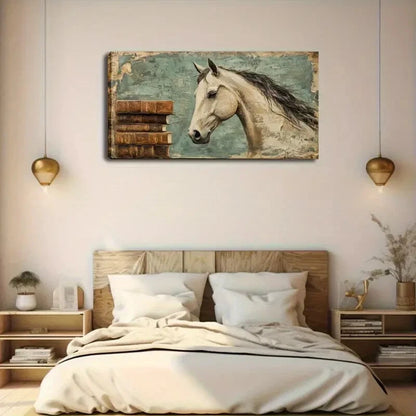 Elegant Horse with Books Teal Wall Art Canvas Office Home Room Framed 120x60cm - Bella Home Decor