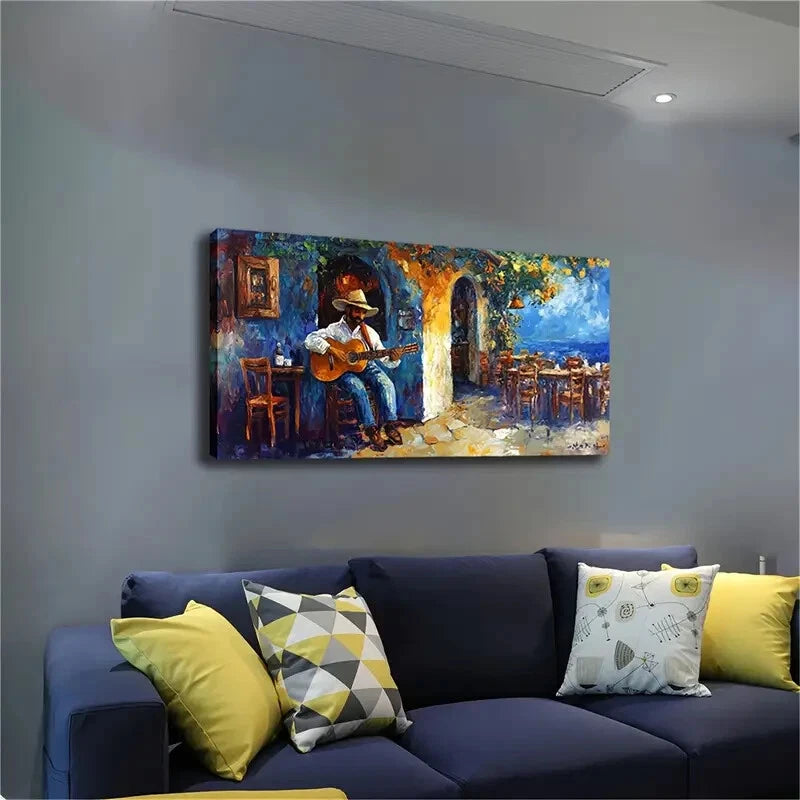 Man Playing The Guitar Cottage Wall Art Canvas Office Home Room Framed 120x60cm