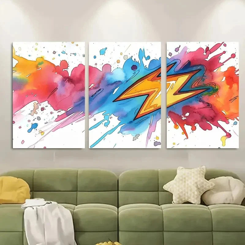 3pcs Pop Art Thunderbolt Watercolor Metal Print Ready to Hang Art