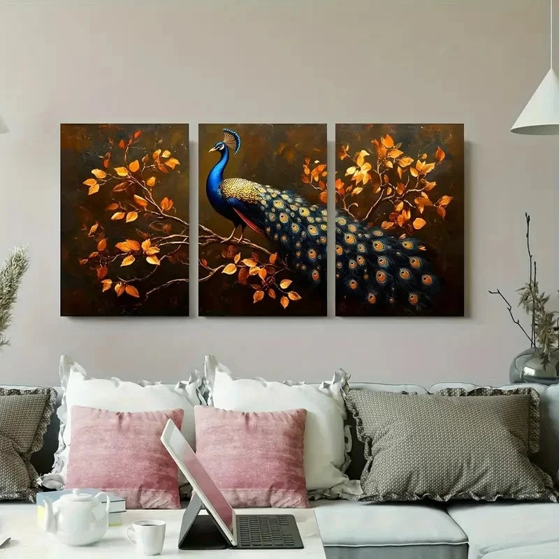 3pcs Peacock and Autumn Leaves Metal Print Ready to Hang Art