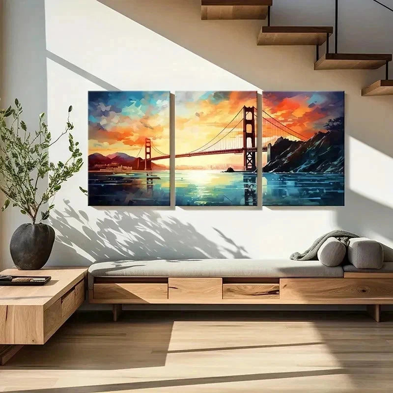 3pcs Golden Gate Bridge, Vibrant Sunset Wall Art Set Canvas Framed 50x70cm - High Quality Print 100% Australian Made Wall Canvas Ready to Hang - Bella Home Decor