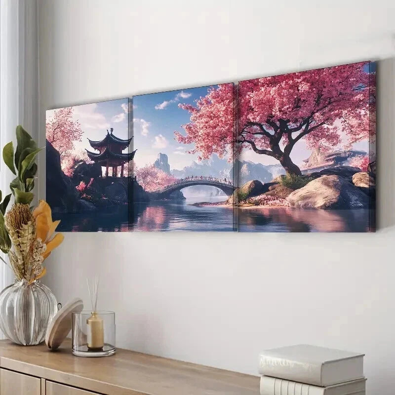 3pcs Cherry Blossom River Landscape Luxurious Wall Art Set Canvas Framed 60x90cm - High Quality Print 100% Australian Made Wall Canvas Ready to Hang