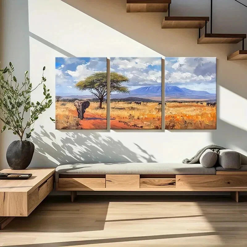 3pcs African Landscape Elephant Acacia Tree Metal Print Ready to Hang Art - Bella Home Decor