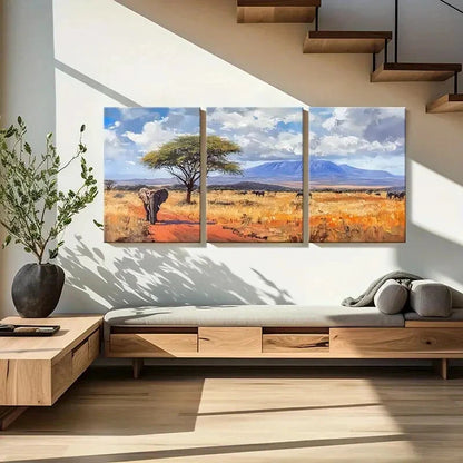 3pcs African Landscape Elephant Acacia Tree Metal Print Ready to Hang Art - Bella Home Decor