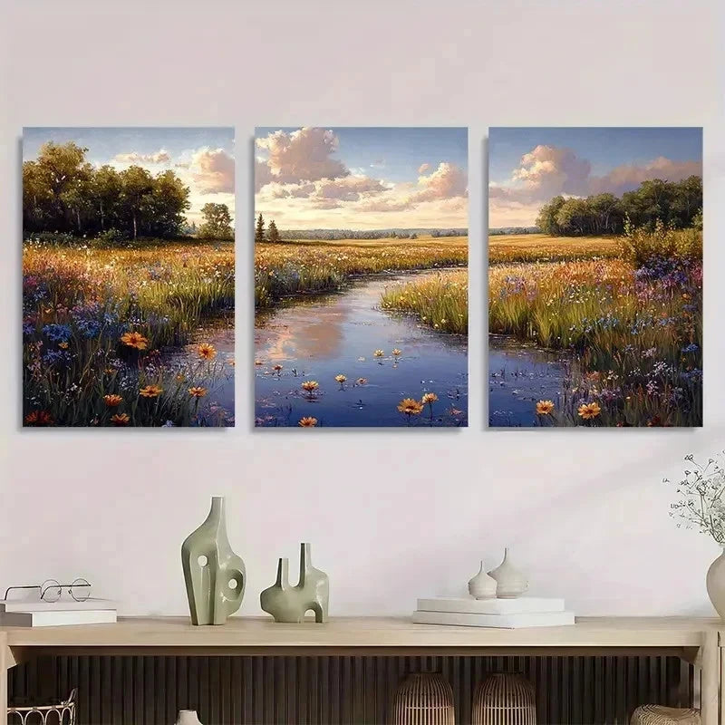 3pcs Dewy Meadow Gouache Peaceful Pastel Perfect Wall Art Set Canvas Framed 60x90cm - High Quality Print 100% Australian Made Wall Canvas Ready to Hang - Bella Home Decor