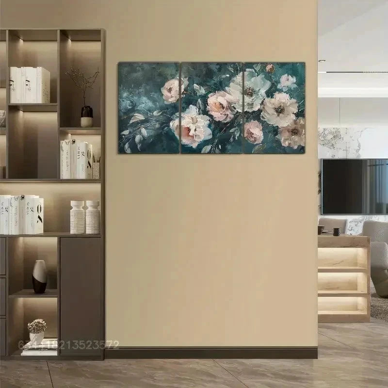 3pcs Dark Blue Floral Art Poster Oil Painting Metal Print Ready to Hang Art - Bella Home Decor