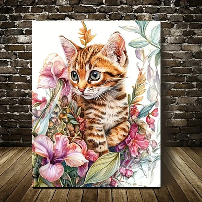 Flowers And Plants Cute Bengal Kitten Painting  40x60cm Metal Print Ready to Hang