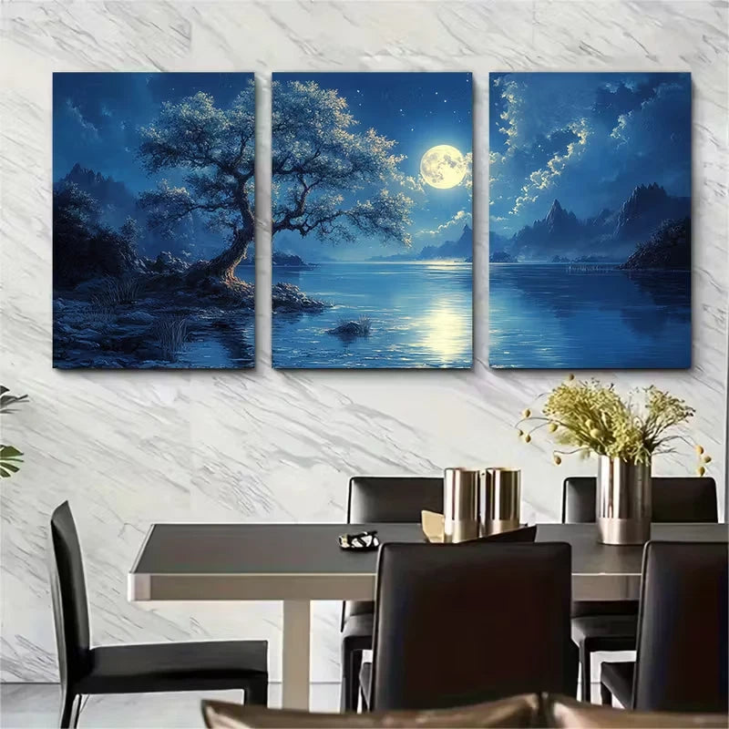 3pcs Blooming Tree & Moonlit Lake Scene Metal Print Ready to Hang Art - Bella Home Decor