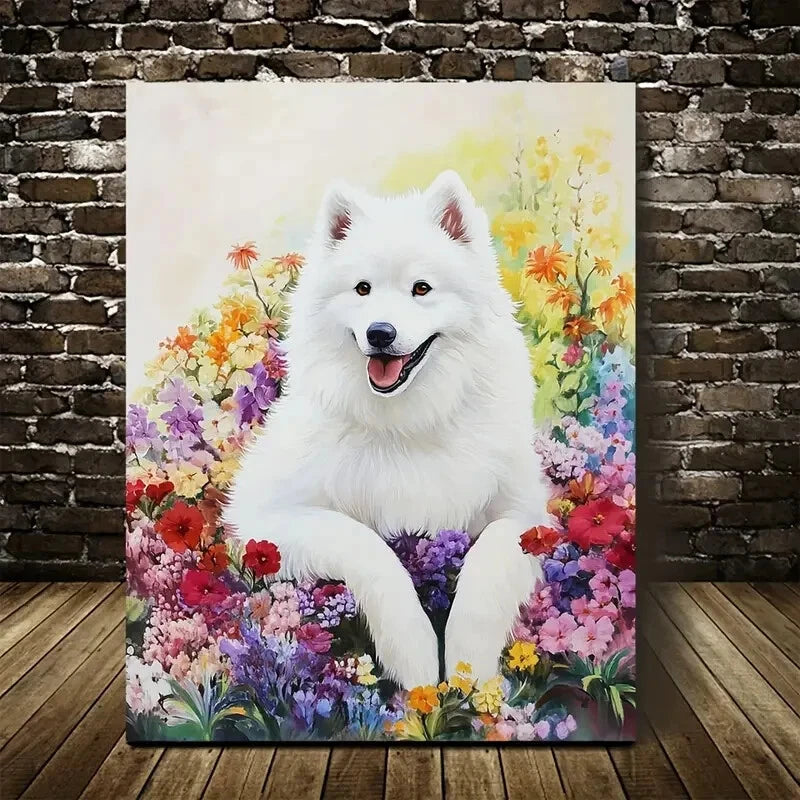 Cute Samoyed Dog with Vibrant Flowers Painting 40x60cm Metal Print Ready to Hang - Bella Home Decor