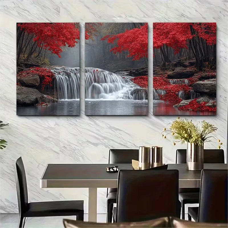 3pcs Serene Waterfall Stream Red Autumn Forest Metal Print Ready to Hang Art