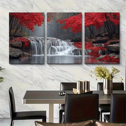 3pcs Serene Waterfall Stream Red Autumn Forest Metal Print Ready to Hang Art