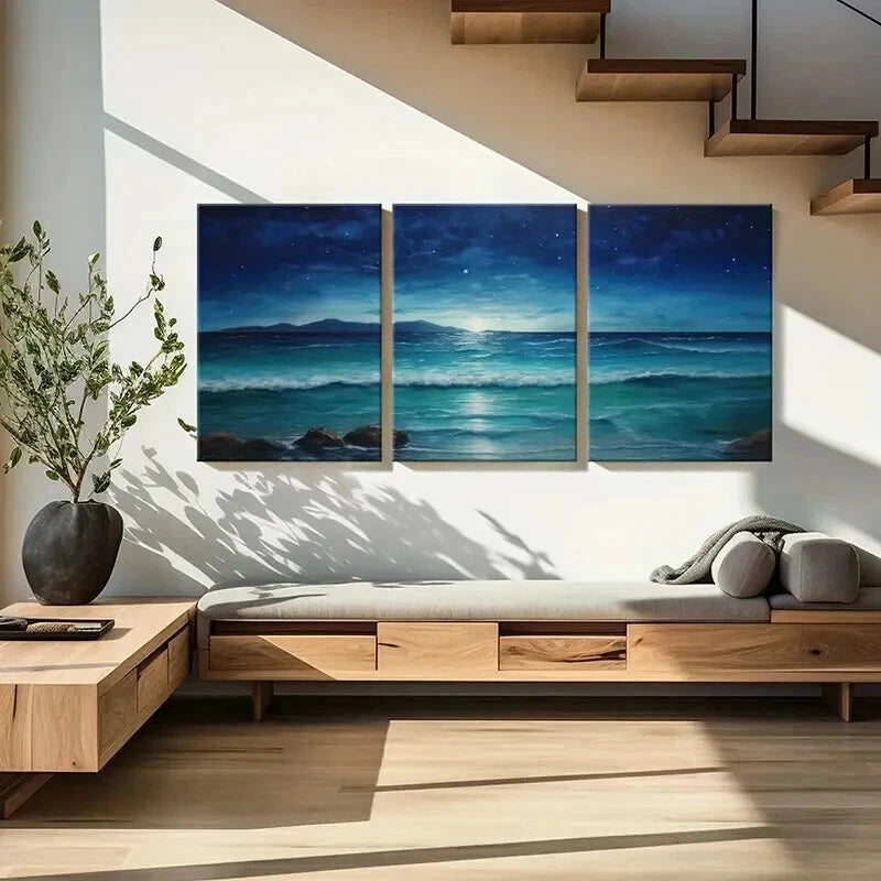 3pcs Natural Sea View At Night Starry Sky Wall Art Set Canvas Framed 50x70cm - High Quality Print 100% Australian Made Wall Canvas Ready to Hang - Bella Home Decor