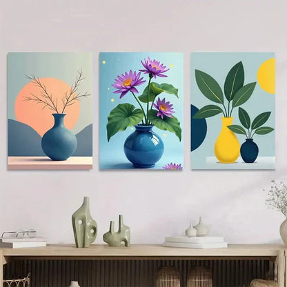 3pcs Bright Flower And Vase Triptych Modern Wall Art Set Canvas Unframed - High Quality Print 100% Australian Made Wall Canvas - Bella Home Decor