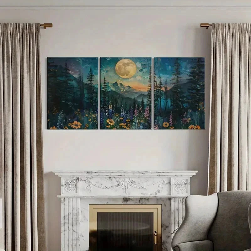 3pcs Moonlit Forest Landscape Floral Meadow Metal Print Ready to Hang Art - Bella Home Decor