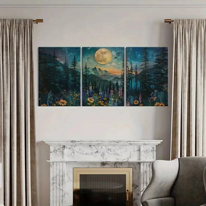 3pcs Moonlit Forest Landscape Floral Meadow Metal Print Ready to Hang Art - Bella Home Decor