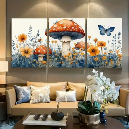3pcs Floral Mushrooms Butterfly Nursery Design Metal Print Ready to Hang Art