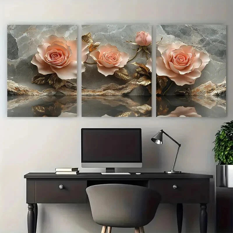 3pcs Pink Golden Roses Reflecting on Grey Marble Metal Print Ready to Hang Art - Bella Home Decor