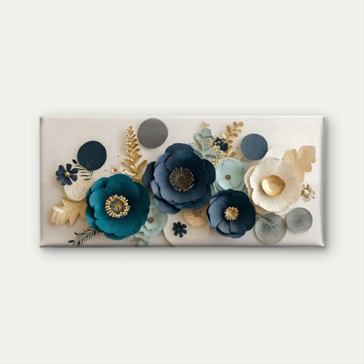 Blue & Teal Floral with Golden Wall Art Canvas Office Home Room Framed 120x60cm