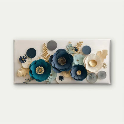 Blue & Teal Floral with Golden Wall Art Canvas Office Home Room Framed 120x60cm
