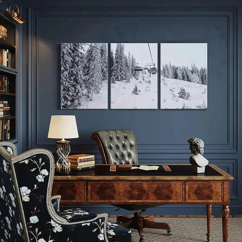 3pcs Snowy Forest Ski Lift & Pine Trees Posters Metal Print Ready to Hang Art - Bella Home Decor