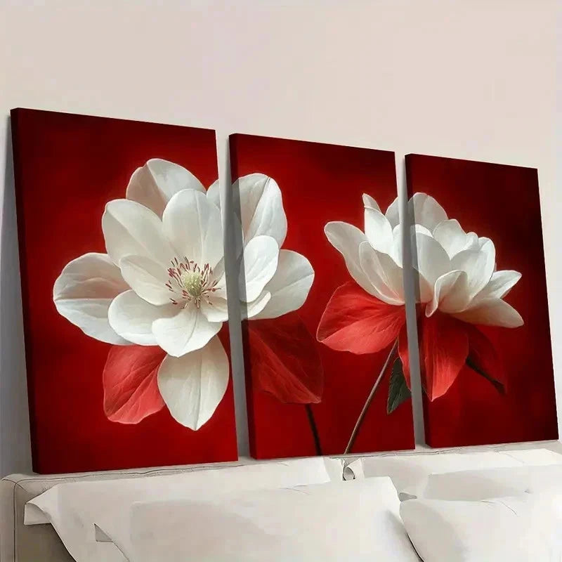 3pcs Vibrant Red & White Winkye Red Flower d Wall Art Set Canvas Framed 50x70cm - High Quality Print 100% Australian Made Wall Canvas Ready to Hang