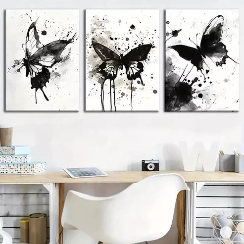 3pcs Elegant Butterfly Abstract Black & White Wall Art Set Canvas Unframed - High Quality Print 100% Australian Made Wall Canvas