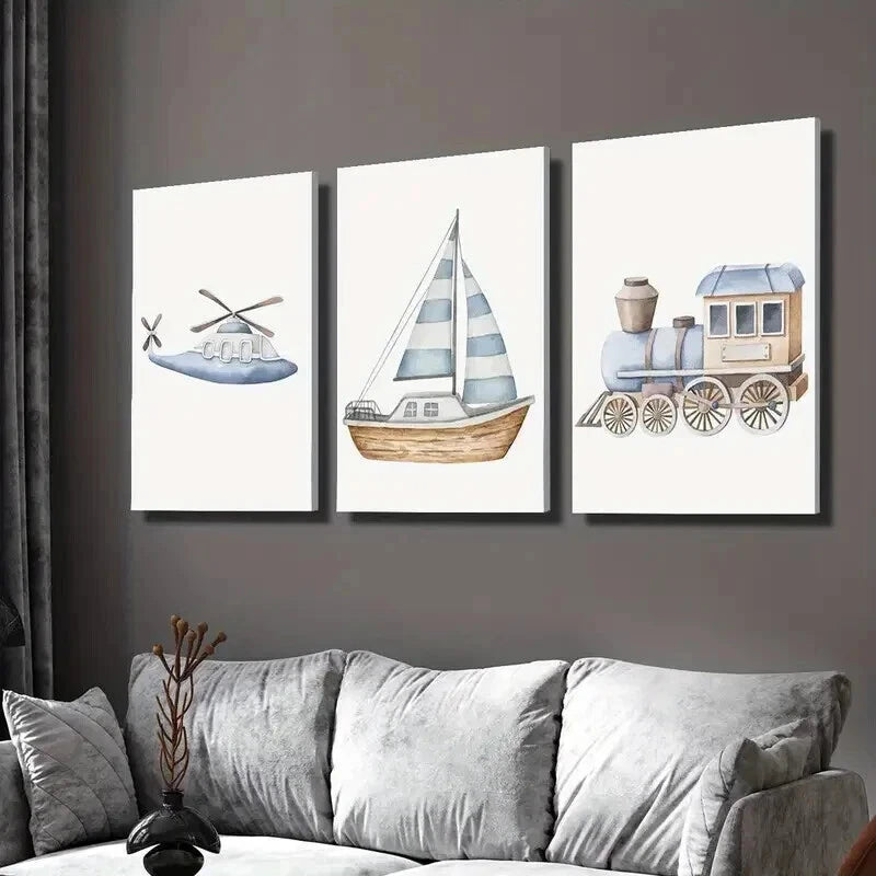 3pcs Sailboat Train Airplane Illustration Wall Art Set Canvas Framed 50x70cm - High Quality Print 100% Australian Made Wall Canvas Ready to Hang