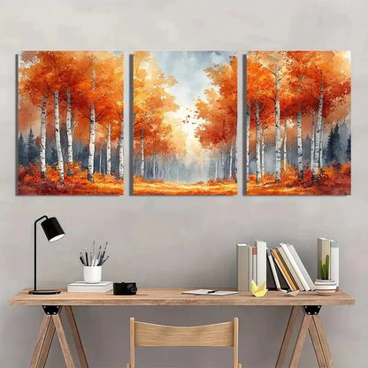 3pcs Autumn Birch Grove Watercolor Landscape Art Metal Print Ready to Hang Art - Bella Home Decor
