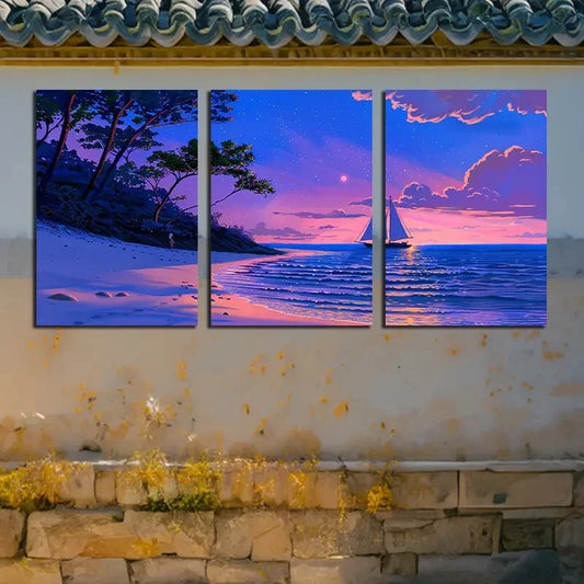 3pcs Vibrant Sailboat on The Beach Illustration Metal Print Ready to Hang Art