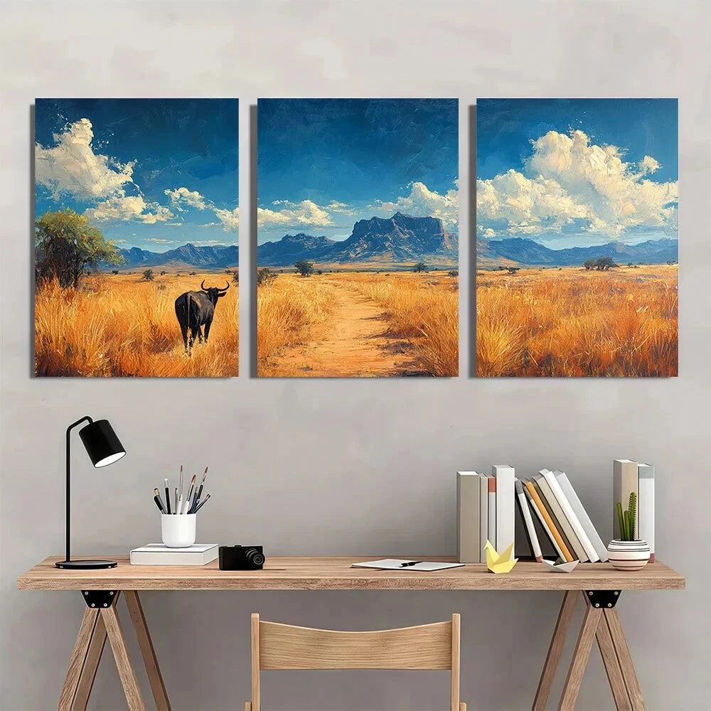 3pcs National Park Black Bull Animal Metal Print Ready to Hang Art - Bella Home Decor