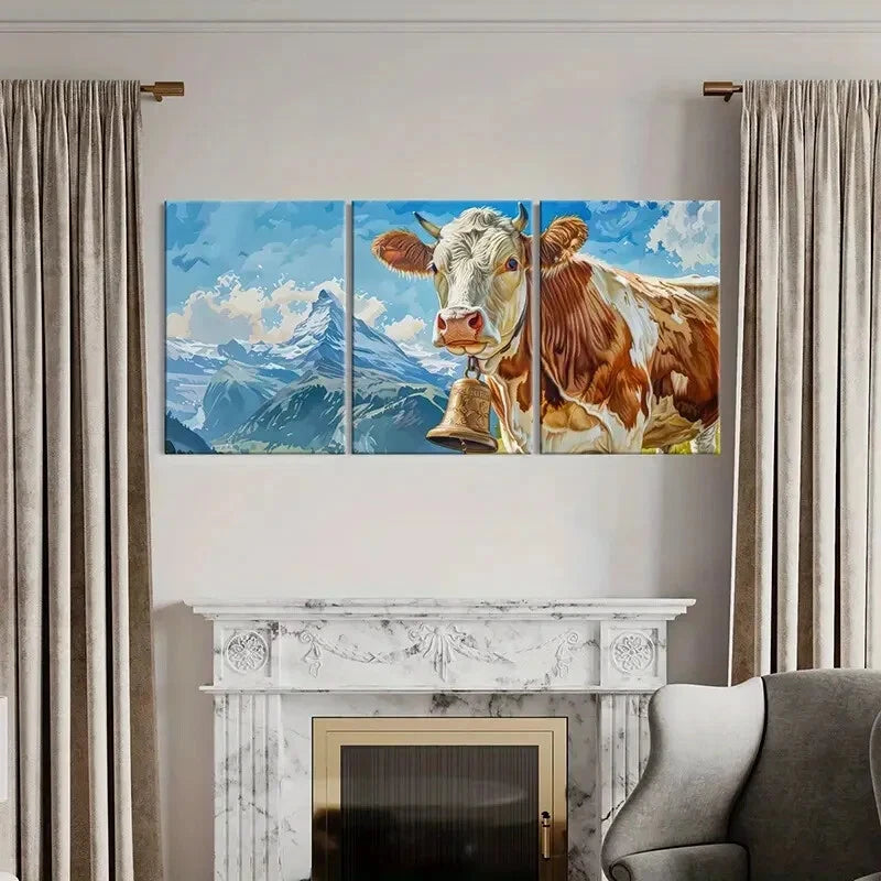 3pcs Brown & White Cow with Bell Mountain LandscapeMetal Print Ready to Hang Art - Bella Home Decor