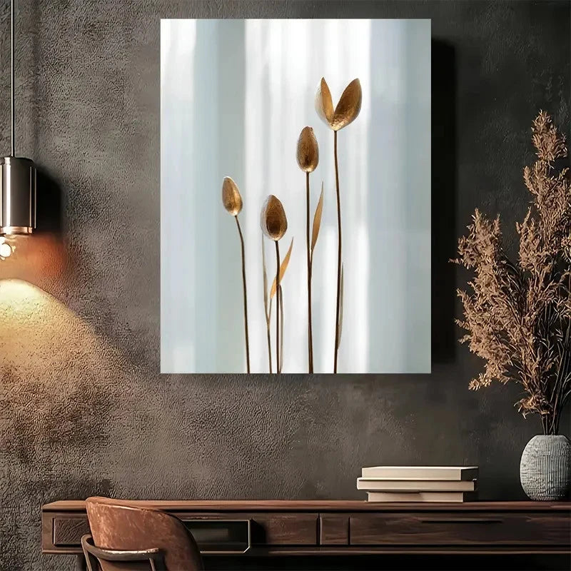 Beautiful Carnation Colorful Golden Tulip Painting 40x60cm Metal Print Ready to Hang - Bella Home Decor