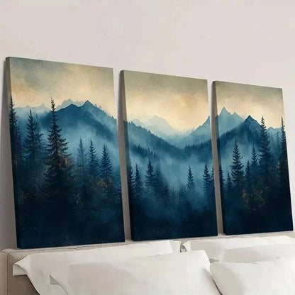 3pcs Blue & Golden Glitter Misty Forest Wall Art Set Canvas Framed 50x70cm - High Quality Print 100% Australian Made Wall Canvas Ready to Hang - Bella Home Decor