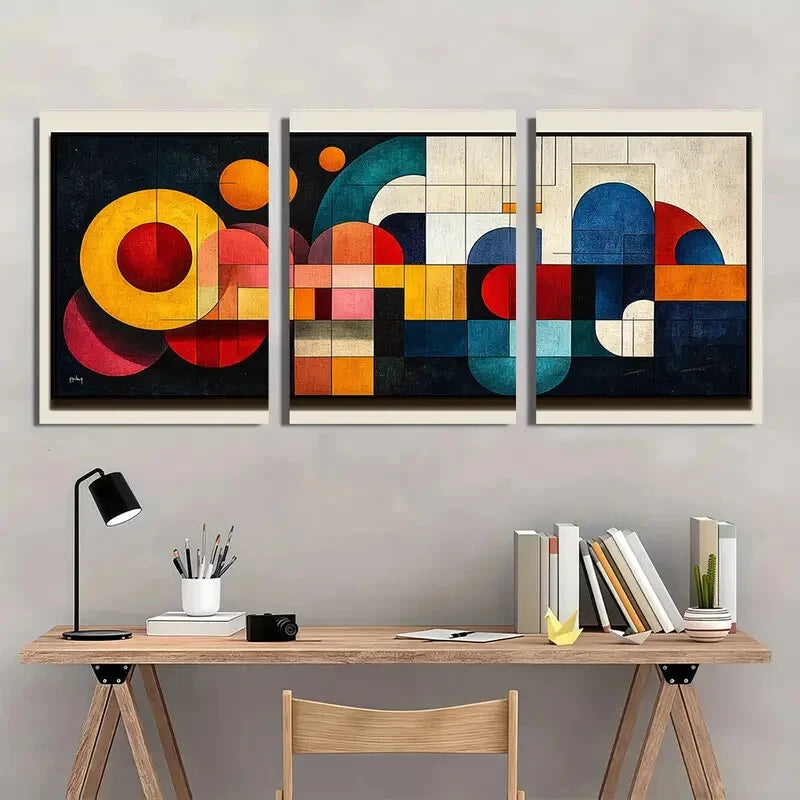 3pcs Colorful Geometric Abstract Mid-Century Metal Print Ready to Hang Art
