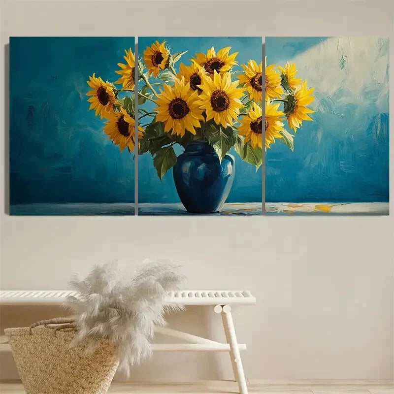 3pcs Vibrant Vase of Sunflowers Illustration Metal Print Ready to Hang Art - Bella Home Decor