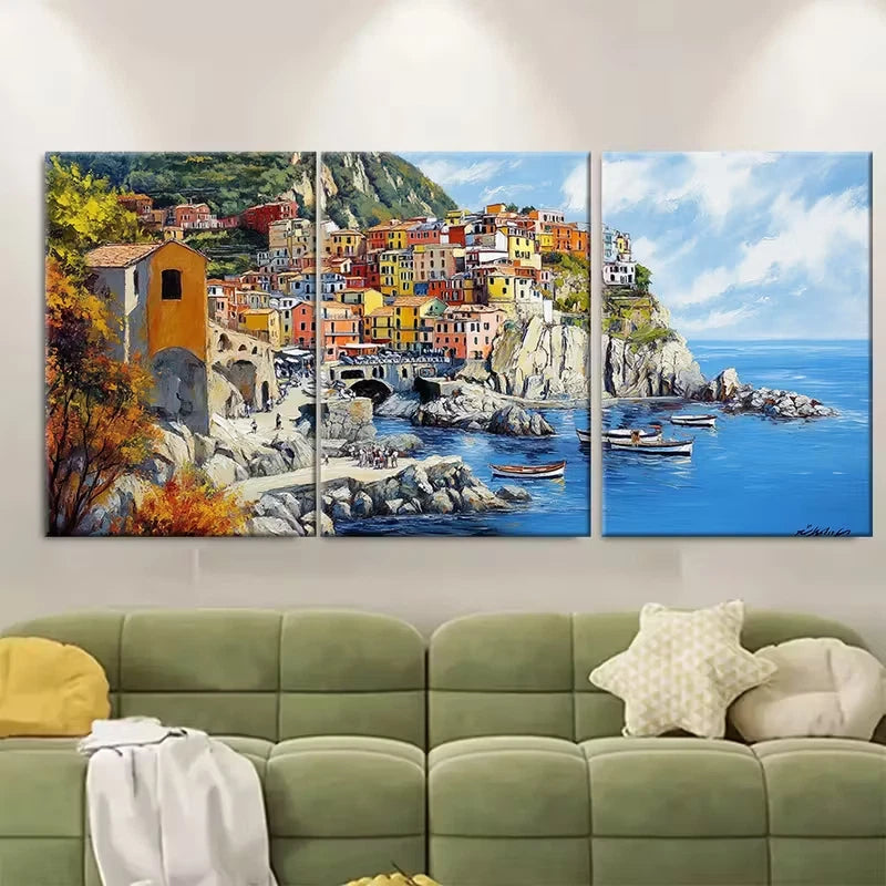 3pcs Italian City Oil Painting Cinque Terra Metal Print Ready to Hang Art