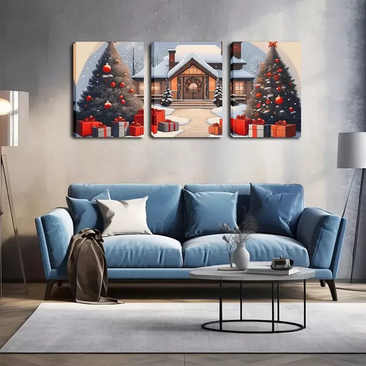 3pcs Snowy Day, Christmas, Christmas Tree Wall Art Set Canvas Framed 40x60cm - High Quality Print 100% Australian Made Wall Canvas Ready to Hang