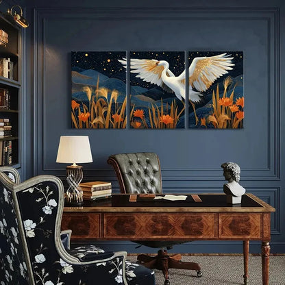 3pcs Elegant Crane Starry Night Golden Wings Metal Print Ready to Hang Art - Bella Home Decor