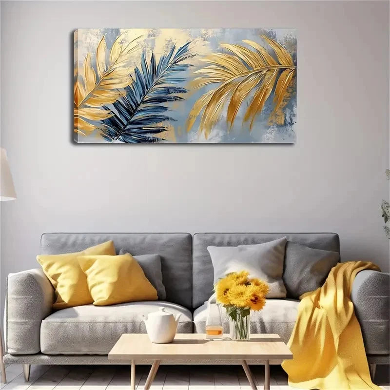 Golden & Blue Palm Leaves Wall Art canvas office home room framed 120x60cm - Bella Home Decor