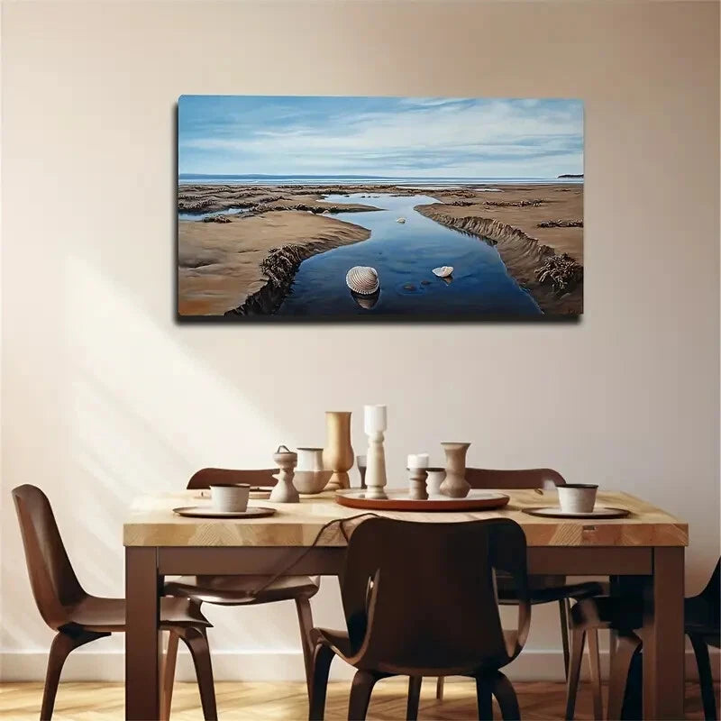 Serene Seaside Shells Puddles Wall Art Canvas Office Home Room Framed 120x60cm - Bella Home Decor
