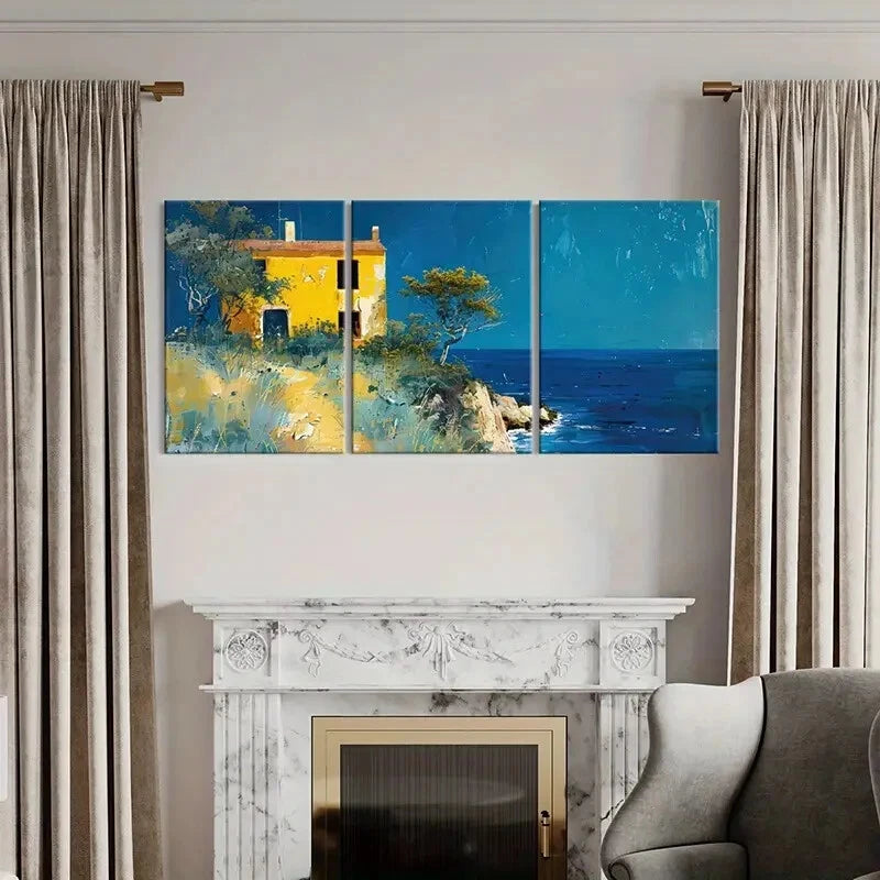 3pcs Artistic Coastal Landscape Yellow House Metal Print Ready to Hang Art - Bella Home Decor