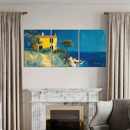 3pcs Artistic Coastal Landscape Yellow House Metal Print Ready to Hang Art - Bella Home Decor