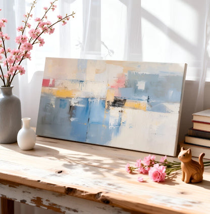 Soft Blue and Pastel Abstract Paint Wall Art Canvas Office Home Framed 120x60cm