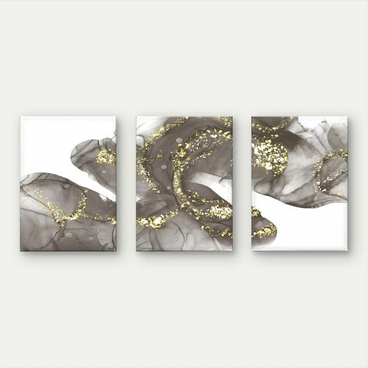 3pcs Black , Grey and Gold Fluid Marble Abstract Wall Art Set Canvas Framed 60x90cm - High Quality Print 100% Australian Made Wall Canvas Ready to Hang