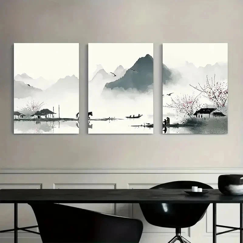 3pcs Chinese Ink Painting with Black Brushstrokes Metal Print Ready to Hang Art - Bella Home Decor