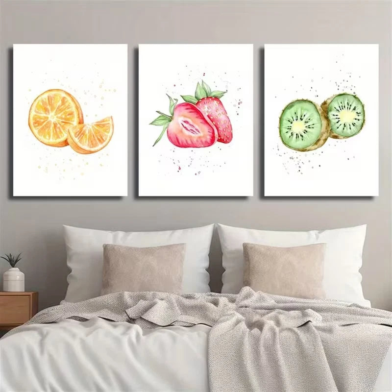 3pcs Kiwi, Strawberry & Orange Metal Print Ready to Hang Art