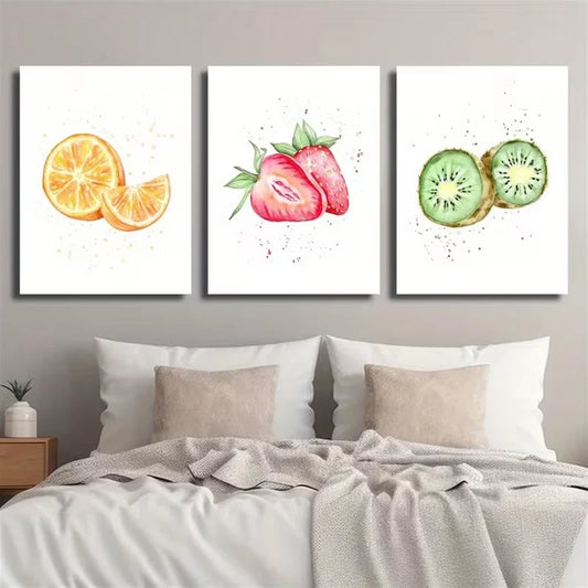 3pcs Kiwi, Strawberry & Orange Metal Print Ready to Hang Art
