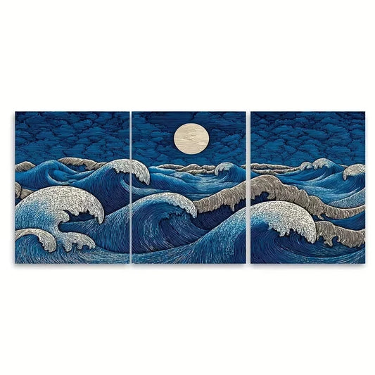 3pcs Moonlit Tides Mystical Wave Ocean Wall Art Set Canvas Framed 50x70cm – High Quality Print 100% Australian Made Wall Canvas Ready to Hang