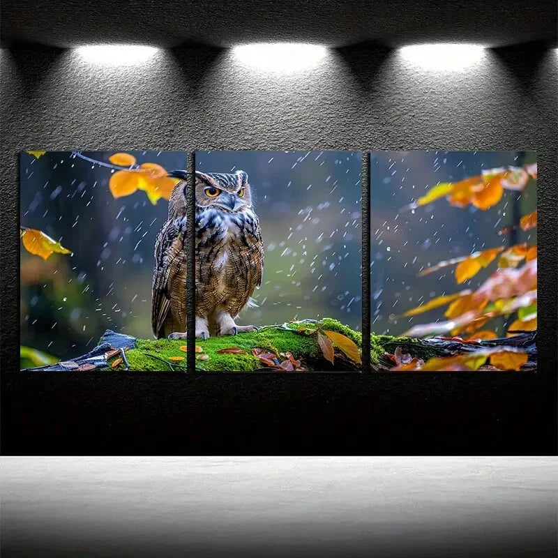 3pcs Vibrant Furious Owl on The Branch Metal Print Ready to Hang Art